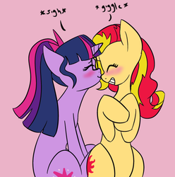 Size: 500x504 | Tagged: safe, artist:rarijack-countrycouture, sci-twi, sunset shimmer, twilight sparkle, pony, unicorn, g4, blushing, duo, equestria girls ponified, female, kissing, lesbian, mare, pink background, ponified, ship:sci-twishimmer, ship:sunsetsparkle, shipping, simple background, unicorn sci-twi