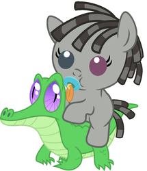 Size: 811x942 | Tagged: safe, artist:red4567, gummy, smarty pants, pony, g4, baby, baby pony, cute, heterochromia, pacifier, ponies riding gators, ponified, riding