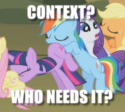 Size: 382x342 | Tagged: safe, edit, edited screencap, screencap, applejack, fluttershy, rainbow dash, rarity, twilight sparkle, dragonshy, g4, butt touch, context is for the weak, faceful of ass, hoof on butt, image macro, meme, out of context, pushing, rump push