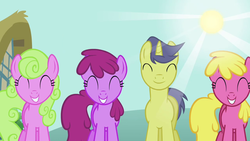 Size: 1280x720 | Tagged: safe, screencap, berry punch, berryshine, cherry berry, comet tail, daisy, flower wishes, pony, a friend in deed, g4, ^^, background pony, eyes closed, smiling