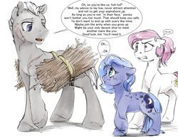 Size: 1280x989 | Tagged: safe, artist:silfoe, princess celestia, princess luna, oc, earth pony, pony, royal sketchbook, g4, :o, alternate hairstyle, angry, coat markings, colored sketch, crossed hooves, crying, cute, dappled, dialogue, earth pony celestia, earth pony luna, eye contact, faggot (bundle of sticks), female, filly, floppy ears, freckles, frown, glare, implied gay, implied lesbian, lidded eyes, looking at each other, lunabetes, male, mare, open mouth, pink-mane celestia, ponytail, pun, race swap, raised hoof, rope, royal sisters, s1 luna, sad, sadorable, scar, short mane, simple background, speech bubble, stallion, teary eyes, trio, visual pun, white background, wide eyes, woona, younger