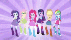 Size: 260x146 | Tagged: safe, applejack, fluttershy, pinkie pie, rainbow dash, rarity, twilight sparkle, equestria girls, g4, animated, balloon, boots, bowtie, bracelet, clothes, compression shorts, cowboy boots, cowboy hat, denim skirt, eg stomp, equestria girls prototype, error, female, gif, hands on arms, hat, high heel boots, humane five, humane six, jewelry, leg warmers, mane six, music video, picture for breezies, purple background, shoes, simple background, skirt, socks, stetson, the eg stomp, wristband