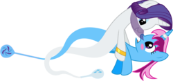 Size: 13630x6400 | Tagged: safe, artist:parclytaxel, rarity, oc, oc:parcly taxel, alicorn, genie, genie pony, pony, ain't never had friends like us, albumin flask, ask generous genie rarity, g4, .svg available, absurd resolution, alicorn oc, armband, bedroom eyes, blushing, bottle, canon x oc, dancing, female, horn, horn ring, lesbian, parity, shipping, simple background, smiling, tangled up, transparent background, vector, veil