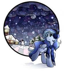 Size: 860x962 | Tagged: safe, artist:secret-pony, oc, oc only, oc:night whispers, clothes, earmuffs, night, scarf, snow, snowman, solo, tree, winter
