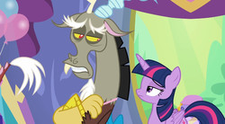 Size: 684x378 | Tagged: safe, screencap, discord, twilight sparkle, alicorn, pony, celestial advice, g4, my little pony: friendship is magic, equestrian pink heart of courage, twilight sparkle (alicorn), twilight's castle, unamused