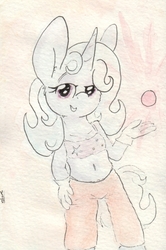 Size: 692x1040 | Tagged: safe, artist:slightlyshade, trixie, unicorn, anthro, g4, belly button, female, midriff, solo, traditional art