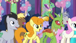 Size: 600x338 | Tagged: safe, screencap, amber waves, arista, bright smile, carrot top, castle (crystal pony), coco crusoe, frenulum (g4), golden harvest, lucky clover, pinkie pie, star bright, twinkleshine, changedling, changeling, earth pony, pony, unicorn, celestial advice, g4, animated, cheering, female, gif, male, mare, stallion, twilight's castle