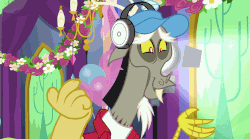 Size: 1275x708 | Tagged: safe, screencap, discord, draconequus, celestial advice, g4, animated, clothes, cute, daaaaaaaaaaaw, discute, gif, hat, headphones, male, smiling, solo, stage light, twilight's castle