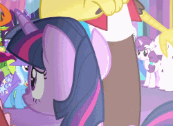 Size: 783x574 | Tagged: safe, screencap, discord, double diamond, starlight glimmer, sugar belle, thorax, trixie, twilight sparkle, alicorn, changedling, changeling, pony, celestial advice, g4, animated, cringing, cropped, gif, king thorax, twilight sparkle (alicorn), twilight's castle