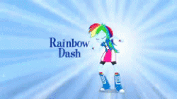 Size: 260x146 | Tagged: safe, pinkie pie, rainbow dash, human, equestria girls, g4, animated, balloon, blue background, boots, bracelet, clothes, commercial, compression shorts, eg stomp, equestria girls prototype, gif, hands on arms, high heel boots, irl, irl human, jewelry, jumping, live action, looking at you, magic of friendship (equestria girls), music video, open mouth, photo, picture for breezies, pink background, raised leg, simple background, skirt, socks, the eg stomp, wristband