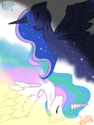 Size: 768x1024 | Tagged: safe, artist:liddieneko, princess celestia, princess luna, alicorn, pony, g4, eyes closed, female, mare, royal sisters, spread wings