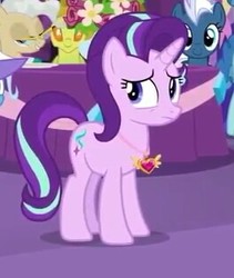 Size: 264x313 | Tagged: safe, screencap, clypeus, mayor mare, night glider, party favor, starlight glimmer, trixie, changedling, changeling, pony, unicorn, celestial advice, g4, equestrian pink heart of courage, female, jewelry, looking back, mare, nervous, smiling, solo focus, twilight's castle