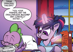 Size: 910x650 | Tagged: safe, artist:andy price, idw, spike, twilight sparkle, alicorn, dragon, pony, g4, spoiler:comic, spoiler:comic48, accord (arc), adorkable, aweeg*, clothes, cute, dork, food, glasses, glowing horn, horn, morning ponies, mug, my friends and zoidberg, newspaper, oatmeal, oats, pajamas, spikabetes, spoon, twiabetes, twilight sparkle (alicorn)