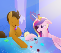 Size: 3377x2949 | Tagged: safe, artist:b-epon, princess cadance, oc, alicorn, pony, g4, :p, commission, crystal empire, duo, eyes closed, floppy ears, high res, magic, open mouth, telekinesis, tongue out