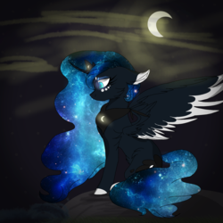 Size: 2560x2560 | Tagged: safe, artist:brokensilence, princess luna, alicorn, pony, g4, alternate design, alternate universe, female, galaxy mane, high res, mare, night, sad, solo, spread wings, water