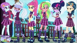 Size: 1280x720 | Tagged: safe, indigo zap, lemon zest, sci-twi, sour sweet, sugarcoat, sunny flare, twilight sparkle, equestria girls, g4, my little pony equestria girls: friendship games, book, clothes, crystal prep academy, crystal prep academy uniform, ear piercing, earring, freckles, glasses, goggles, hair bun, headphones, high heels, jewelry, leg warmers, piercing, pigtails, ponytail, school uniform, shadow six, shoes, skirt, socks, twintails