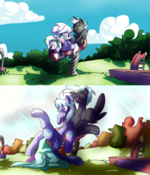 Size: 3501x4097 | Tagged: safe, artist:heyerika, cloudchaser, flitter, thunderlane, pegasus, pony, g4, backbend, bow, colt, contortionist, cute, faceplant, female, filly, flexible, friends, funny, hair bow, high res, laughing, male, playground, smiling, trio, younger