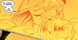 Size: 1120x580 | Tagged: safe, artist:andypriceart, princess celestia, princess luna, twilight sparkle, alicorn, pony, g4, spoiler:comic, spoiler:comic49, accord (arc), cheek kiss, dialogue, disgusted, eyes closed, female, glowing horn, heartwarming, horn, kissing, looking at each other, looking up, luna is not amused, magic, one eye closed, royal sisters, sibling love, siblings, sisterly love, sisters, smiling, smooch, tongue out, twilight sparkle (alicorn), varying degrees of amusement