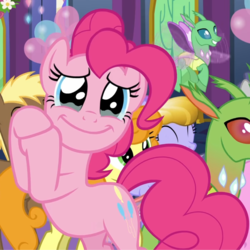 Size: 1437x1439 | Tagged: safe, screencap, amber waves, arista, carrot top, coco crusoe, frenulum (g4), golden harvest, pinkie pie, changedling, changeling, crystal pony, earth pony, pony, celestial advice, g4, balloon, bipedal, cropped, crying, female, happy, mare, smiling, solo focus, tears of joy, twilight's castle