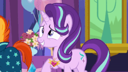 Size: 600x338 | Tagged: safe, screencap, starlight glimmer, sunburst, pony, unicorn, celestial advice, g4, animated, duo, equestrian pink heart of courage, female, gif, grin, male, mare, smiling, solo focus, stallion, twilight's castle