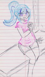 Size: 1268x2170 | Tagged: safe, artist:elgatosabio, sonata dusk, equestria girls, g4, bench, blushing, choker, clothes, crying, female, fingerless gloves, gloves, lined paper, shirt, shorts, sitting, solo, traditional art