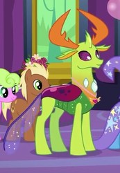 Size: 333x480 | Tagged: safe, screencap, daisy, flower wishes, meadow song, thorax, trixie, changedling, pony, celestial advice, g4, cape, clothes, equestrian pink heart of courage, hat, horn, king thorax, smiling, twilight's castle