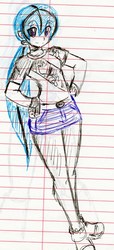 Size: 1000x2189 | Tagged: safe, artist:elgatosabio, oc, oc only, oc:serenata dusk, equestria girls, g4, clothes, denim skirt, female, lined paper, offspring, pantyhose, parent:oc:dan, parent:sonata dusk, parents:danata, ponytail, shirt, shoes, skirt, solo, t-shirt, traditional art