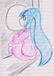 Size: 1511x2121 | Tagged: safe, artist:elgatosabio, sonata dusk, equestria girls, g4, clothes, crying, female, lined paper, pajamas, sitting, solo, traditional art, window