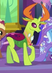 Size: 321x445 | Tagged: safe, screencap, meadow song, thorax, trixie, changedling, pony, celestial advice, g4, cape, clothes, hat, horn, king thorax, twilight's castle