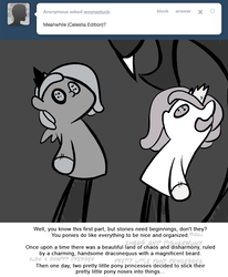 Size: 666x809 | Tagged: safe, artist:egophiliac, discord, princess celestia, princess luna, alicorn, pony, moonstuck, g4, ask, cewestia, female, filly, mare, monochrome, partial color, pink-mane celestia, puppet, tumblr, woona, younger