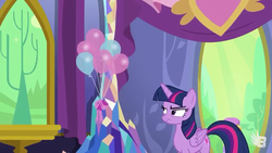 Size: 854x480 | Tagged: safe, screencap, twilight sparkle, alicorn, pony, celestial advice, g4, balloon, female, horn, mare, solo, twilight sparkle (alicorn), twilight's castle, unamused, wings