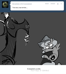 Size: 666x740 | Tagged: safe, artist:egophiliac, discord, princess luna, moonstuck, g4, ask, cartographer's cap, filly, hat, monochrome, partial color, tumblr, woona, woonoggles, younger