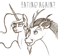 Size: 1280x1222 | Tagged: safe, artist:saszetka, discord, princess celestia, alicorn, pony, g4, celestia is not amused, eating, lidded eyes, looking up, monochrome, simple background, sketch, smirk, unamused, white background