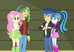 Size: 1016x718 | Tagged: safe, artist:themexicanpunisher, flash sentry, fluttershy, sandalwood, sonata dusk, equestria girls, g4, boots, bracelet, clothes, female, high heel boots, jacket, jewelry, male, pants, sandalshy, senata, shipping, skirt, socks, spikes, straight, tank top