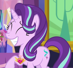 Size: 829x768 | Tagged: safe, screencap, starlight glimmer, pony, unicorn, celestial advice, g4, cute, equestrian pink heart of courage, female, glimmerbetes, jewelry, mare, necklace, smiling, solo, twilight's castle