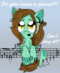 Size: 2000x2434 | Tagged: safe, artist:chopsticks, oc, oc only, oc:harmony keys, pegasus, pony, big eyes, chest fluff, cute, daaaaaaaaaaaw, female, flapping, gradient background, happy, high res, hnnng, mare, music notes, musical instrument, musical staff, piano, simple background, smiling, solo, text