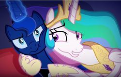 Size: 690x442 | Tagged: safe, artist:2snacks, princess celestia, princess luna, alicorn, pony, two best sisters play, g4, crown, eyelashes, female, flowing mane, horn, jewelry, luna is not amused, magic, mare, muna, necklace, patlestia, regalia, squishy cheeks, teasing, trollestia