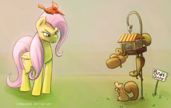 Size: 2190x1388 | Tagged: safe, artist:liracrown, fluttershy, bird, pegasus, pony, squirrel, g4, angry, bird feeder, caught, climbing, digital art, female, folded wings, frown, glare, grumpy, looking at something, looking down, mare, nose wrinkle, pointing, seeds, sign, wing hands