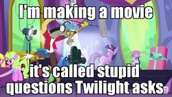 Size: 854x480 | Tagged: safe, edit, edited screencap, screencap, cherry berry, daisy, discord, flower wishes, twilight sparkle, alicorn, earth pony, pony, celestial advice, g4, balloon, boom mic, cap, caption, clothes, film camera, gift wrapped, hat, headphones, horn, image macro, meme, microphone, spotlight, stage light, text, the fairly oddparents, twilight sparkle (alicorn), wings