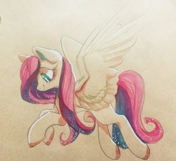 Size: 2559x2343 | Tagged: safe, artist:goldenrainynight, fluttershy, pegasus, pony, g4, female, floating, flying, high res, looking down, mare, profile, smiling, solo, spread wings, traditional art