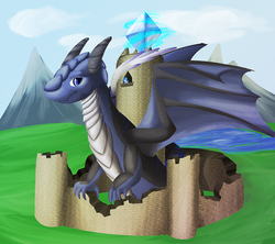 Size: 3600x3200 | Tagged: safe, artist:ampderg, oc, oc only, oc:blue jewel, oc:lindys, dragon, wyvern, castle, gem, high res, macro, magic, tower