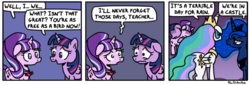 Size: 650x222 | Tagged: safe, artist:foudubulbe, princess celestia, princess luna, starlight glimmer, twilight sparkle, alicorn, pony, unicorn, celestial advice, g4, comic, crying, dialogue, floppy ears, fullmetal alchemist, hilarious in hindsight, hug, lidded eyes, looking at each other, open mouth, roy mustang, royal sisters, sad, that was fast, twilight sparkle (alicorn), wavy mouth