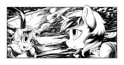Size: 2550x1350 | Tagged: safe, artist:halley-valentine, oc, oc only, oc:littlepip, earth pony, pony, unicorn, fallout equestria, fallout equestria illustrated, black and white, clothes, fanfic, fanfic art, female, grayscale, horn, jumpsuit, mare, monochrome, pipbuck, train, vault suit