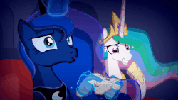 Size: 595x335 | Tagged: safe, artist:2snacks, princess celestia, princess luna, alicorn, pony, two best sisters play, g4, animated, controller, crown, fake celestia, fake luna, female, gif, glowing horn, hand, horn, jewelry, laughing, magic, magic hands, male to female, mare, muna, necklace, patlestia, possessed, regalia, rule 63, shocked, shocked expression, sibling teasing, telekinesis, trollestia, wide hips, wtf