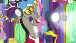 Size: 854x480 | Tagged: safe, screencap, discord, pony, celestial advice, g4, balloon, cap, clothes, hat, headphones, male, solo