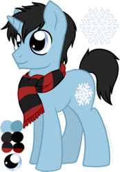 Size: 600x863 | Tagged: safe, artist:tambelon, oc, oc only, oc:snowflake, pony, unicorn, clothes, male, reference sheet, scarf, solo, stallion