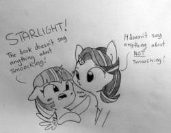 Size: 1280x998 | Tagged: safe, artist:tjpones, starlight glimmer, twilight sparkle, alicorn, pony, unicorn, g4, blushing, chest fluff, dialogue, female, grayscale, imminent kissing, lesbian, mare, monochrome, mwah, non-consensual smoochies, ship:twistarlight, shipping, simple background, smooch, traditional art, twilight sparkle (alicorn), varying degrees of want, white background