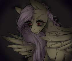 Size: 2100x1792 | Tagged: safe, artist:shinoamashiro, fluttershy, g4, bust, female, gritted teeth, looking at something, looking down, portrait, red eyes, solo, spread wings