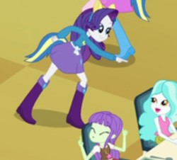 Size: 380x344 | Tagged: safe, screencap, paisley, pinkie pie, rarity, starlight, equestria girls, g4, my little pony equestria girls, background human, boots, clothes, cropped, helping twilight win the crown, high heel boots, jewelry, pointing, skirt, sweater, uniform, wondercolts uniform
