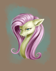 Size: 750x950 | Tagged: safe, artist:cosmalumi, fluttershy, pony, g4, bust, female, floppy ears, frown, lidded eyes, looking at you, mare, mean, portrait, solo, suspicious, three quarter view